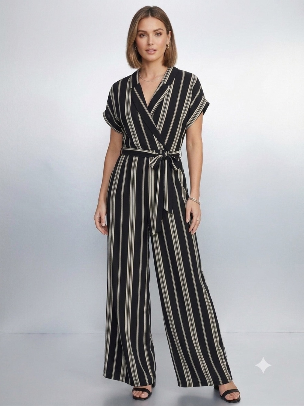 Luxology Black White Striped Wide Leg Jumpsuit Tie Waist, Relaxed Comfy Size10